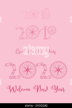 Au revoir vieux ans et nouvelle année 2020 bienvenue, location d'illustration vectorielle dans la main palette rose pastel Illustration de Vecteur