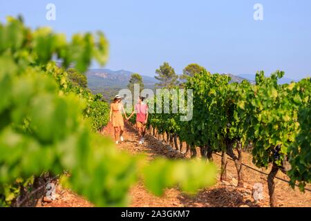 La France, Var, La Motte, à pied d'un jeune couple dans le vignoble AOP C ?tes de Provence du ch ?teau des Demoiselles Banque D'Images