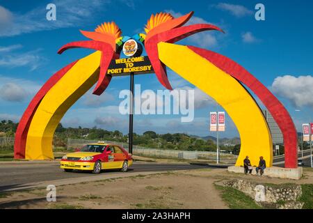 La Papouasie-Nouvelle-Guinée, la Papouasie-Nouvelle-bay, District de la capitale nationale, la ville de Port Moresby, district de Waigani, porte de l'aéroport l'accueil des visiteurs Banque D'Images