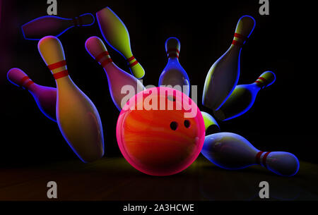 Bowling strike avec néon et les broches à billes Banque D'Images