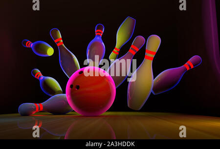 Bowling strike avec néon et les broches à billes Banque D'Images