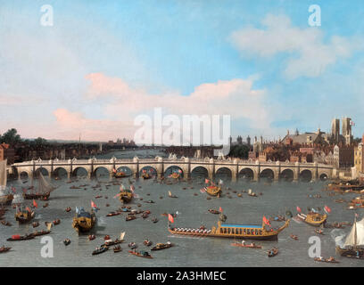 Le pont de Westminster, avec le maire de la Procession du sur la Tamise par Giovanni Antonio Canal (Canaletto - 1697-1768), huile sur toile, c.1747 Banque D'Images