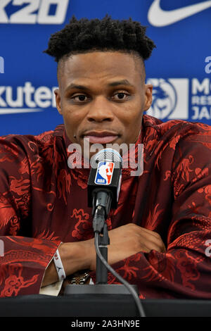 Saitama, Japon. 05Th Oct, 2019. Les Houston Rockets' Point guard Russell Westbrook assiste à une conférence de presse après match entre les Houston Rockets et les Toronto Raptors de la NBA 'Jeux' le Japon à Tokyo, au Japon le Mardi, Octobre 8, 2019. Photo par Keizo Mori/UPI UPI : Crédit/Alamy Live News Banque D'Images