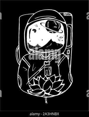 Dessin en noir et blanc d'un astronaute avec un lotus dans ses mains. La craie sur un tableau noir. Illustration de Vecteur