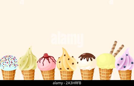 Vector background avec des glaces à la main avec différentes saveurs et de la décoration. Illustration de Vecteur