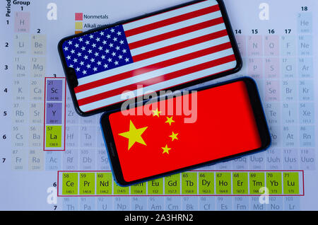 La photo d'USA et de la Chine les drapeaux sur les smartphones Huawei qui jettent sur la table périodique d'un groupe de minéraux de terres rares. Conceptuel. Banque D'Images