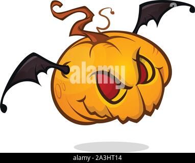 Caricature tête de citrouille avec ailes de chauve-souris voler et crier. Vector illustration isolé Halloween Illustration de Vecteur