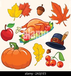 Ensemble de dessins colorés et d'icônes pour l'action de grâce : la citrouille, les feuilles d'automne, Pilgrim hat, la Turquie, l'Akorn, apple, les canneberges Illustration de Vecteur