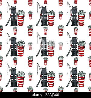 Motif sans couture avec pêcheur de chat avec seau de poisson et canne à pêche. Illustration vectorielle. Illustration de Vecteur