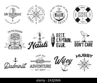Série de logos, insignes marine nautique, maritime et de l'océan mer citations style avec une ancre, veilleur-ring, compas, rose des vents et de navires volant Illustration de Vecteur