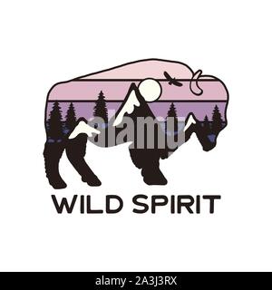Mountain Adventure graphique pour T-Shirt, s'imprime. Vintage hand drawn buffalo camp emblème. Été Hiver rétro scène voyage insolite, d'un insigne. Wild Spirit Illustration de Vecteur