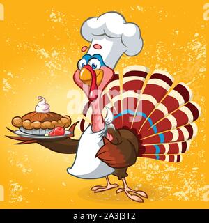 Dinde de Thanksgiving cuisinier en chef au service de tarte à la citrouille. Vector cartoon character Illustration de Vecteur