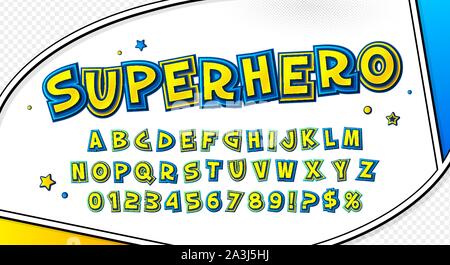 Funny comics font, kid's alphabet en style pop art. Multilayer jaune-bleu lettres avec effet de demi-teintes sur la page de bande dessinée pour la décoration de l'enfant Illustration de Vecteur