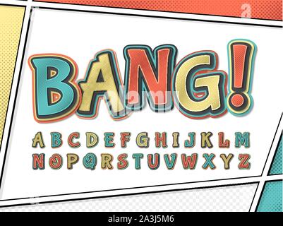 Comics font, funny kid's alphabet en style pop art retro multicouche de lettres avec effet de demi-teintes sur la page de bande dessinée pour la décoration de l'aire de je Illustration de Vecteur