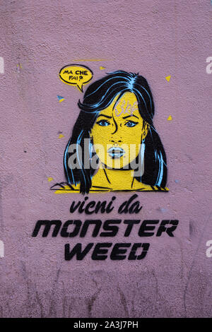 'Vieni da monster weed'. Street art graffiti au pochoir sur le mur de Trastevere de Rome, Italie. Banque D'Images