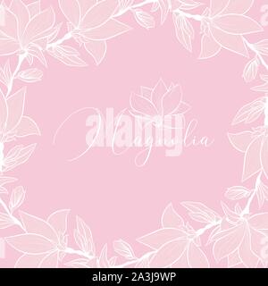 Cadre de mariage Magnolia. Bouquets en fleurs, beau décor romantique, contour design illustration vecteur. Pink floral esquisse et lettrage pour logo. Clipart fleurs au printemps. Illustration de Vecteur