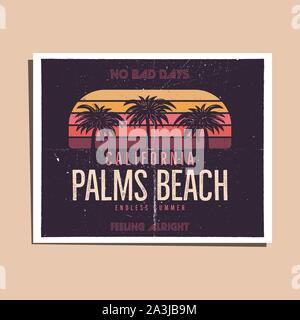 Palms Beach Californie Graphique pour T-Shirt, s'imprime. Dessiné à la main vintage 90s style affiche, flyer. Voyages d'été, scène rétro badge inhabituelle. Surf Illustration de Vecteur