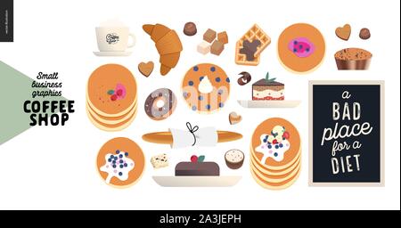 Coffee Shop - small business - illustrations - Pâtisserie télévision moderne concept illustration vectorielle de la cuisson -crêpes, cookies, Donut, pain, gâteaux, chocolat Illustration de Vecteur