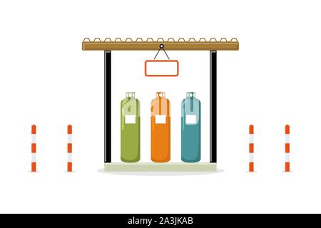 L'entreposage des bouteilles de gaz avec colonne blanc rouge bollard isoler sur fond blanc. Les réservoirs de carburant à base de pétrole, les différentes couleurs des chars, vector illustration Illustration de Vecteur