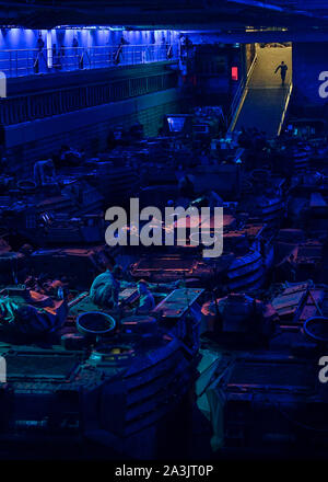 Mer de Chine du sud (oct. 07, 2019) Les Marines du 2e Bataillon, 2e Marines actuellement affectés à la Division Marine 3D, préparer les véhicules d'assaut amphibie (AAV) pour bien des opérations à bord de la plate-forme de classe Whidbey Island landing ship dock USS Germantown (LSD 42). Germantown, commandant de l'Escadron amphibie, 11, est déployée sur l'Indopacifique pour améliorer l'interopérabilité avec les partenaires et servir de force de réaction-prêt pour tout type d'imprévus. (U.S. Photo par marine Spécialiste de la communication de masse 1re classe Toni Burton) Banque D'Images