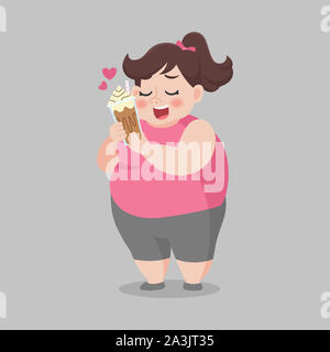 Big Fat Woman l'amour à boire le café avec glace fouetter la crème, profiter de la glace moka, de latte, sucre sucré, délicieux, bon goût, nutrition, cartoon, perdre du poids, la vie Banque D'Images