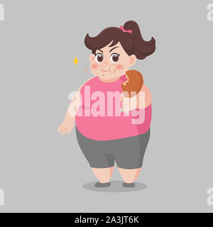 Big Fat Woman l'intention de perdre du poids, profitez de manger fast food, junk food, pilons de poulet, grande taille, le régime alimentaire sain de style de vie sains, la santé dessin animé Banque D'Images