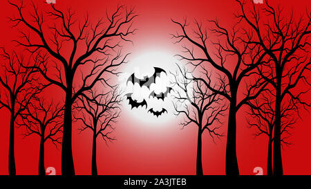 Fond effrayante de Halloween. Forêt Spooky avec pleine lune et flying bats sur fond rouge. Thème de la célébration. Banque D'Images