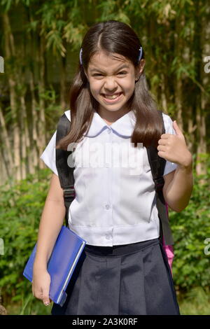 Fille de l'école prép anxieux portant l'uniforme scolaire avec les ordinateurs portables Banque D'Images