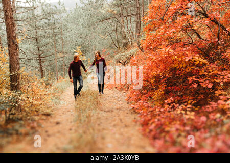 Couple portée dans les vêtements de style automne pulls air de famille qui traverse le paysage d'automne. Feuillage jaune couverte de forêt. Marche d'automne outdo Banque D'Images