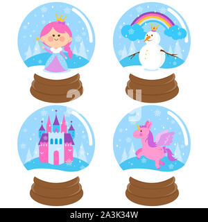 Illustration d'une belle princesse, un château, un bonhomme de neige et d'une licorne à l'intérieur de boules à neige. Banque D'Images