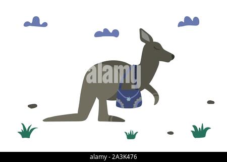 Kangourou mignon avec sac. Dans les nuages du ciel nocturne. Doux rêves. Vector illustration. Des animaux australiens. Illustration de Vecteur