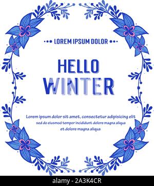 Jolie carte de souhaits bonjour hiver, avec motif décoration art de feuillage bleu fleur cadre. Vector Illustration de Vecteur