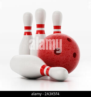 Des quilles et boule de bowling rouge isolé sur fond blanc. 3D illustration. Banque D'Images