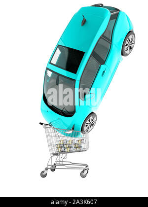 Vente voiture électrique moderne bleu en panier pour de l'argent rendu 3D sur fond blanc aucune ombre Banque D'Images