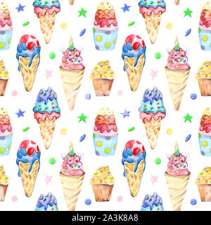 Illustration modèle transparent dessiné par aquarelle : confiserie gâteaux, muffins, macarons sur l'arrière-plan. Banque D'Images