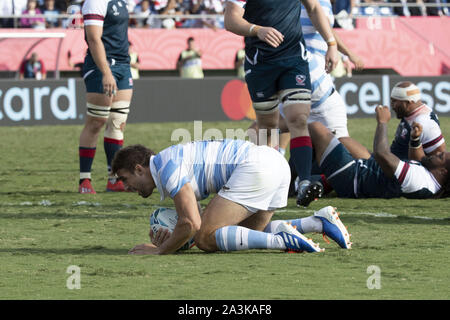 Saitama, Japon. 9 octobre, 2019. L'Argentine Juan Cruz Mallia marque un essai lors de la Coupe du Monde de Rugby 2019 Bassin C match entre l'Argentine et de l'USA au stade de Rugby Kumagaya, près de Tokyo. L'Argentine bat l'Italie 47-17. Credit : Rodrigo Reyes Marin/ZUMA/Alamy Fil Live News Banque D'Images