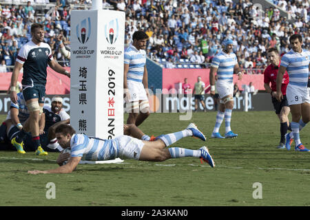 Saitama, Japon. 9 octobre, 2019. L'Argentine Juan Cruz Mallia marque un essai lors de la Coupe du Monde de Rugby 2019 Bassin C match entre l'Argentine et de l'USA au stade de Rugby Kumagaya, près de Tokyo. L'Argentine bat l'Italie 47-17. Credit : Rodrigo Reyes Marin/ZUMA/Alamy Fil Live News Banque D'Images