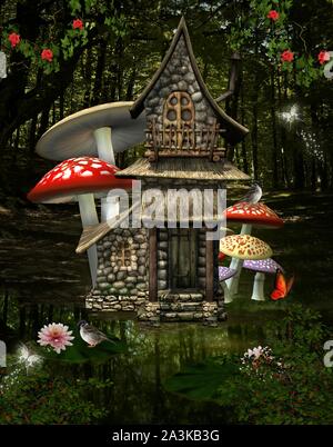 Fantasy house dans la forêt avec de grands champignons toxiques Banque D'Images