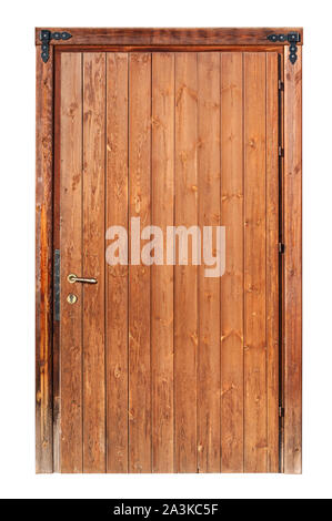 Une porte en bois faites de planches verticales isolé sur fond blanc Banque D'Images