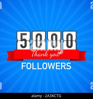 5000 followers, je vous remercie, sites sociaux post. Merci disciples félicitations carte. Stock Vector illustration. Illustration de Vecteur
