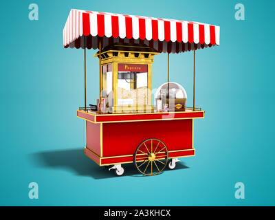 Machine à popcorn rouge moderne le rendu 3D sur fond bleu avec ombre Banque D'Images