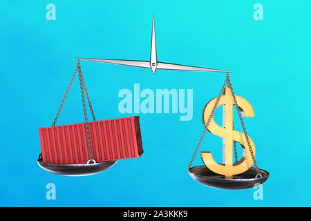 3D illustration : vintage balance avec le disbalance conteneur rouge sur un côté et un signe de dollar us sur l'autre. Bleu sur fond azur. Banque D'Images