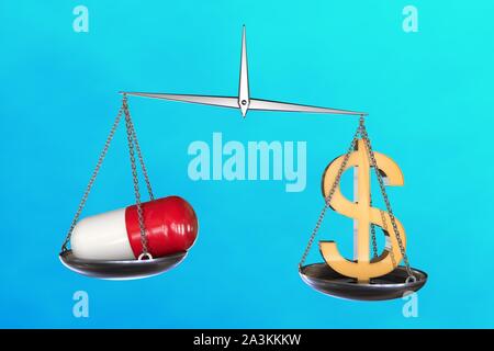 3D illustration : vintage balance avec la disbalance blanc-rouge comprimé médical d'un côté et un signe de dollar us sur l'autre. Sur fond bleu Banque D'Images