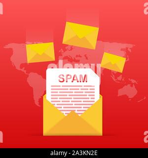 Pas de spam. Alerte e-mail spam. Concept de virus, le piratage, le hacking et la sécurité. Enveloppe avec le spam. Vector illustration. Illustration de Vecteur