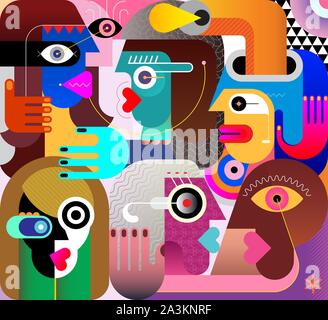 Grand groupe de diverses personnes abstract vector illustration de l'art moderne. Portrait de six personnes adultes étrange. Illustration de Vecteur