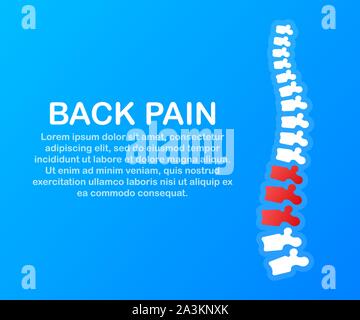 Maux de dos. Les droits de l'épine avec silhouette isolée de la douleur. La douleur de dos au centre médical, clinique, la réadaptation. Stock Vector illustration. Illustration de Vecteur