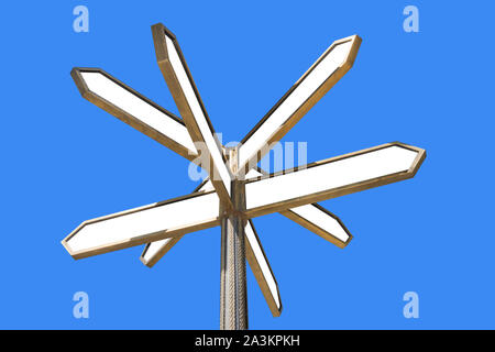 Panneaux de direction. Symbole de la croisée de différentes destinations sur le fond de ciel bleu. Le choix approprié de destination. Signe de la circulation. Banque D'Images