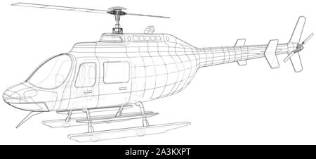 Hélicoptère en contours style. Illustration de la représentation filaire créé 3d. Illustration de Vecteur