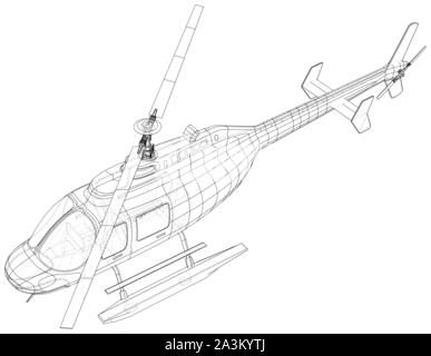 Hélicoptère en contours style. Illustration de la représentation filaire créé 3d. Illustration de Vecteur