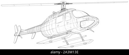 Hélicoptère en contours style. Illustration de la représentation filaire créé 3d. Illustration de Vecteur
